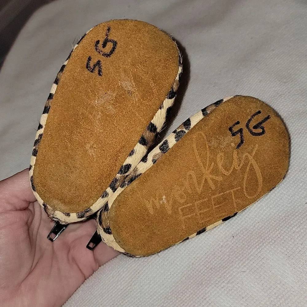 MONKEY FEET Cheetah Print Soft Bottom Leather Ballerina Moccasins Size 6-12 mths
